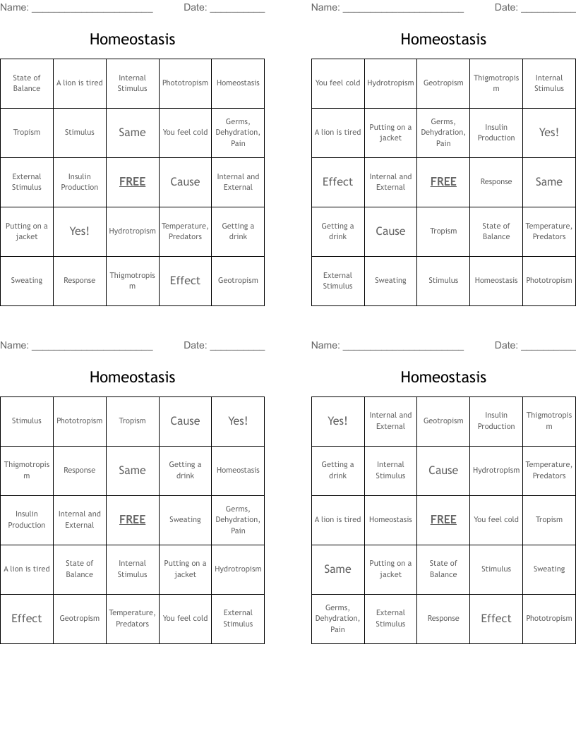 Homeostasis Bingo Cards