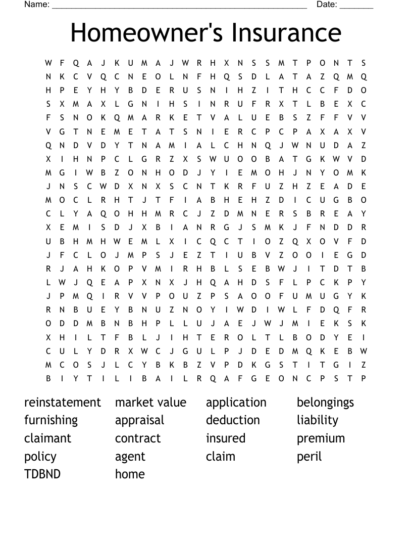 Homeowner's Insurance  Word Search