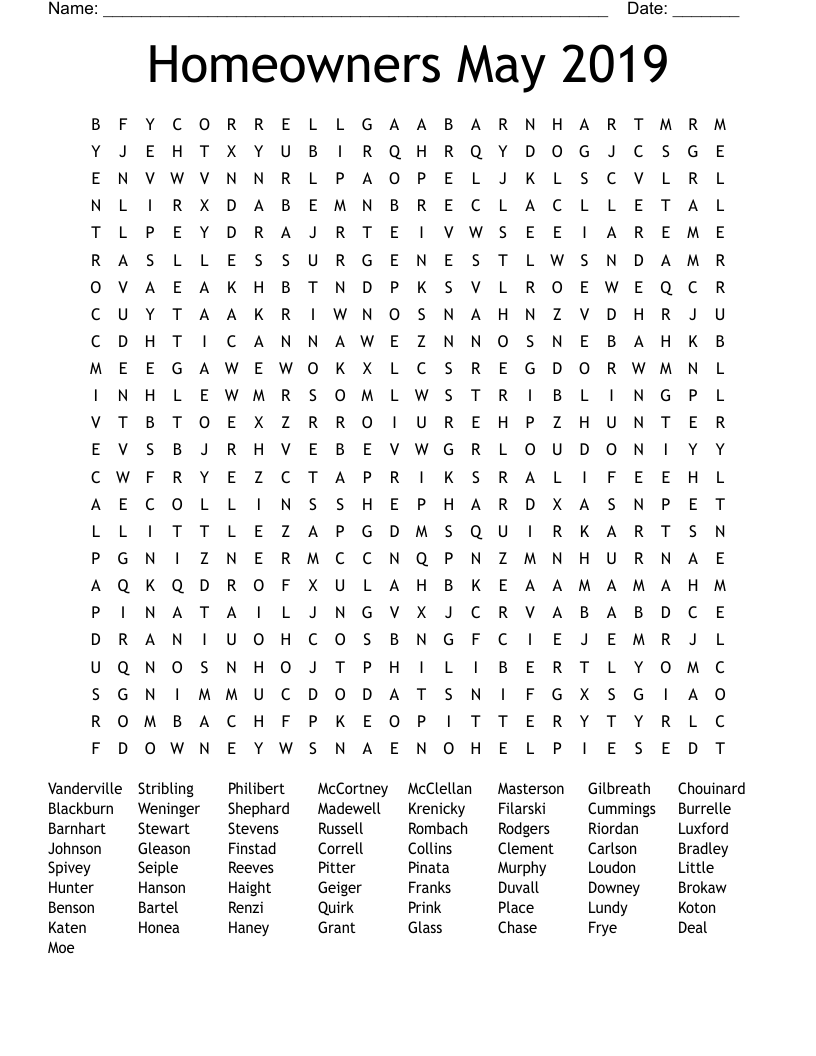 Homeowners May 2019 Word Search