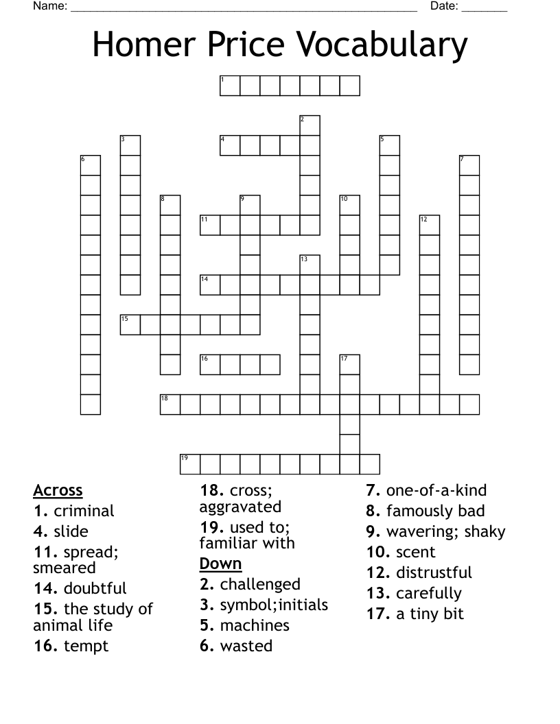 Homer Price Vocabulary  Crossword