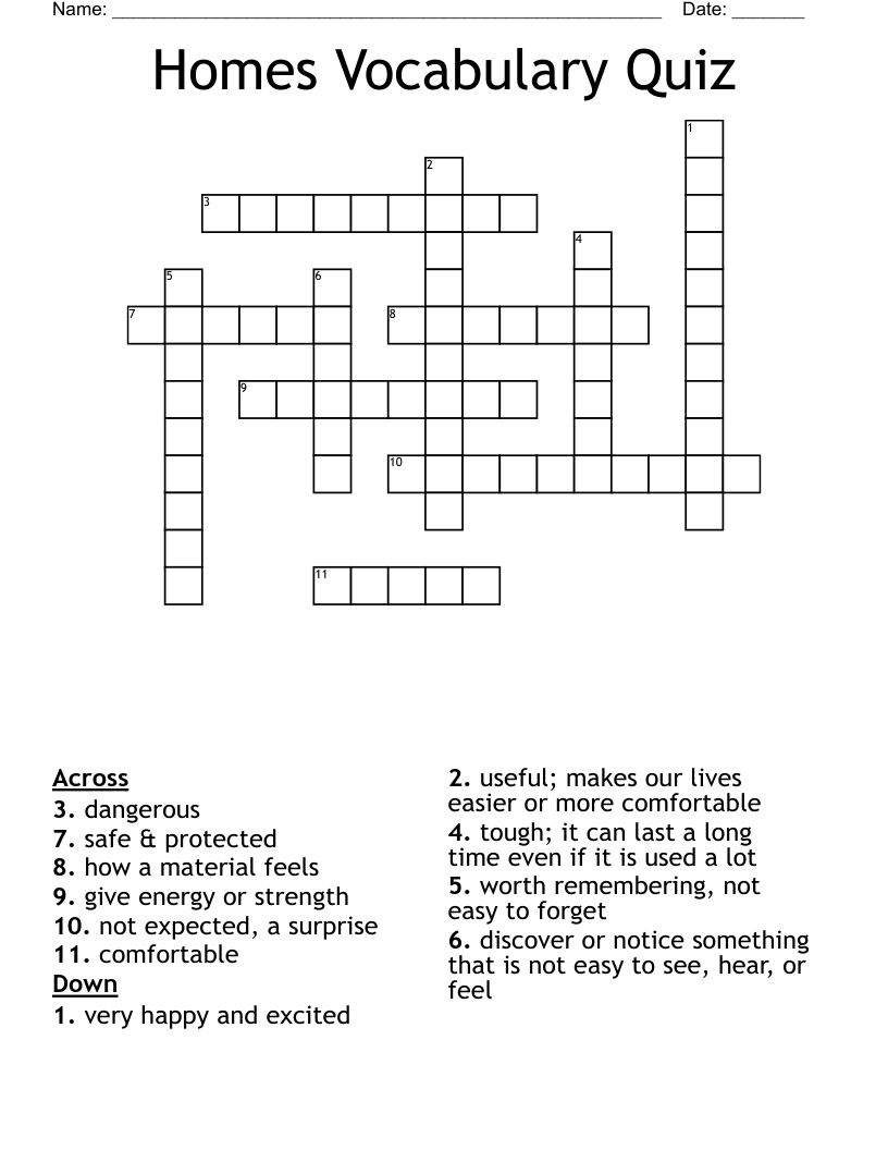 Homes Vocabulary Quiz Crossword