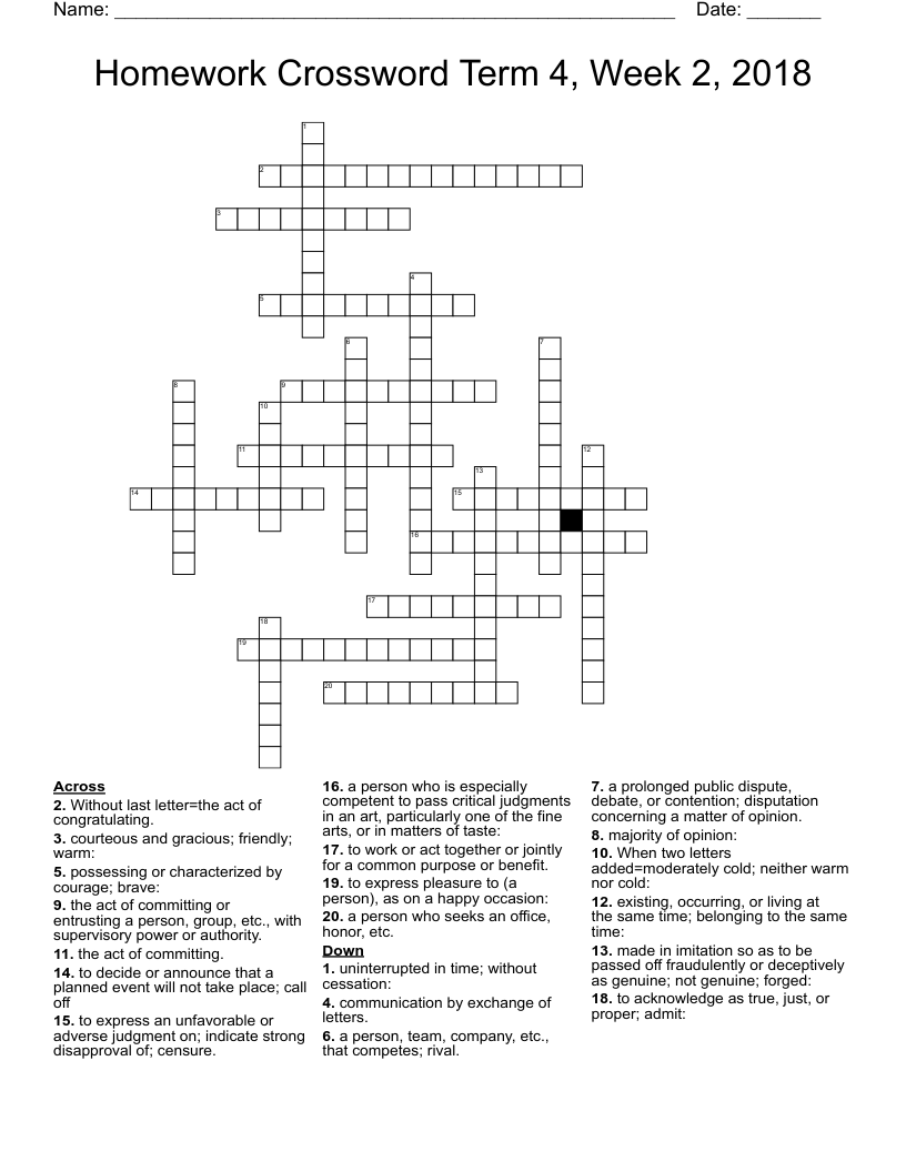 Homework Crossword Term 4, Week 2, 2018