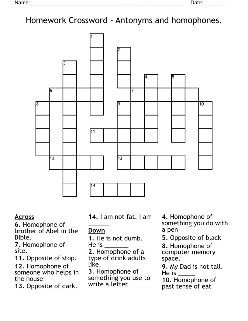 Homework Crossword - Antonyms and homophones.