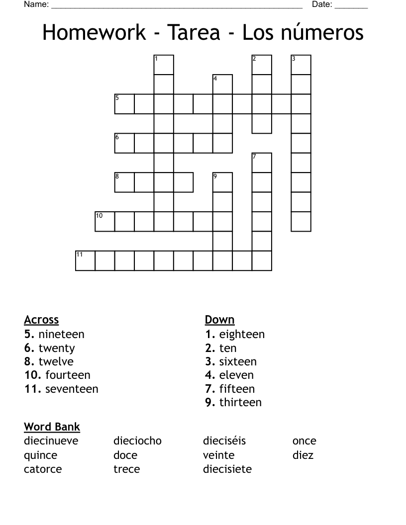 Homework - Tarea - Los números Crossword