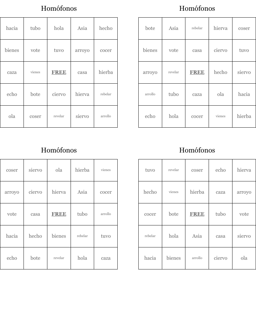 Homófonos Bingo Cards