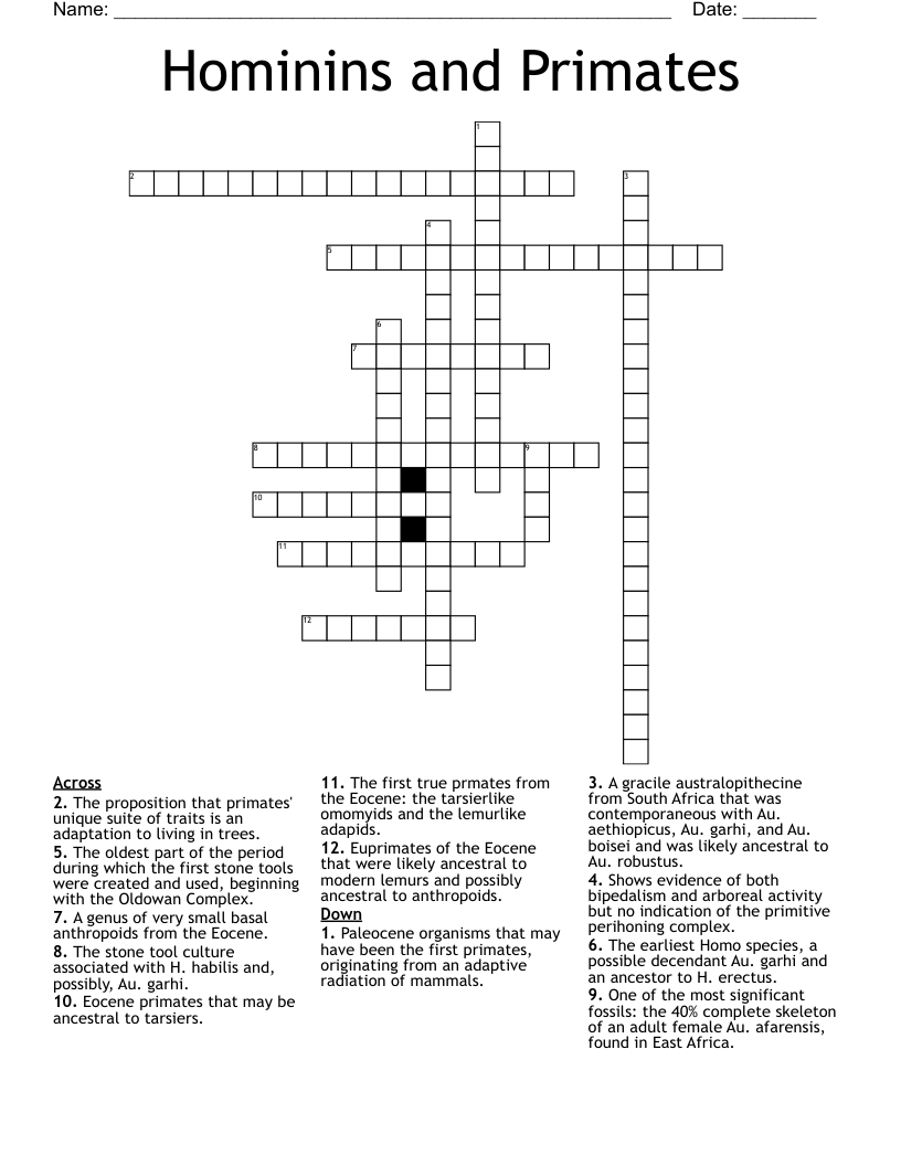 Hominins and Primates Crossword