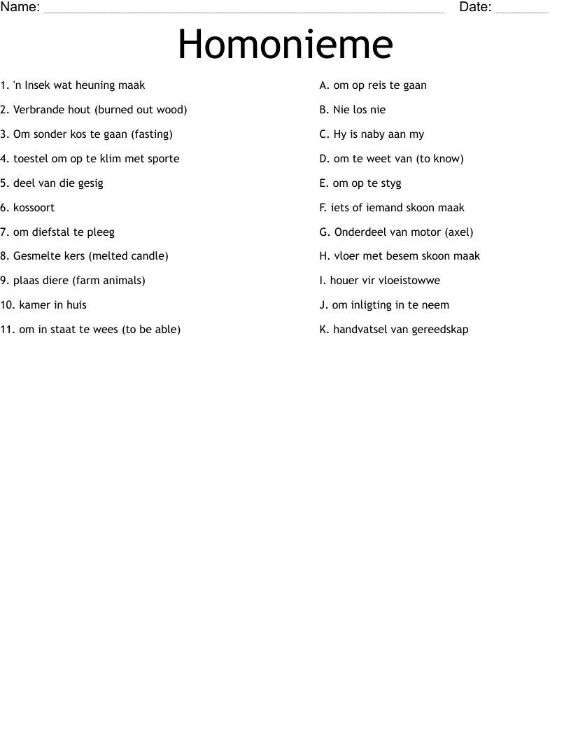 Homonieme Worksheet