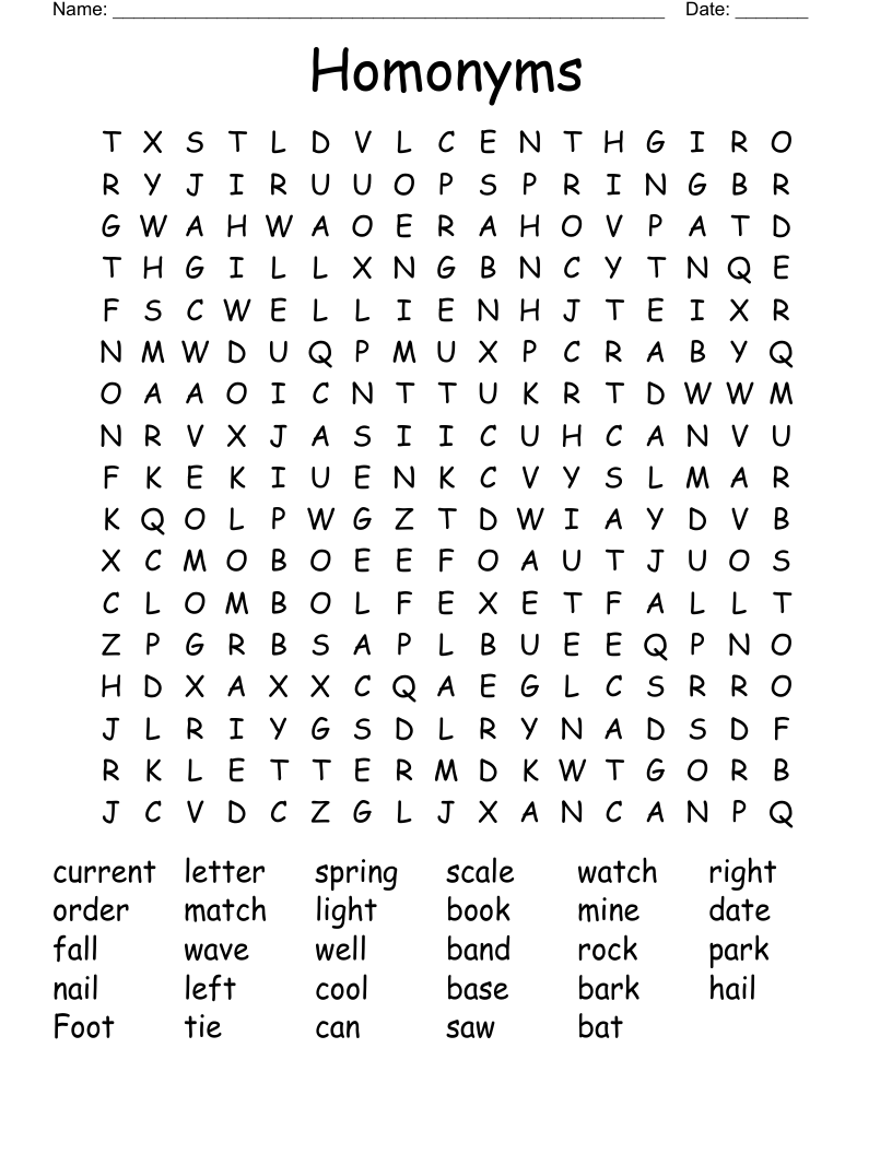 Homonyms Word Search