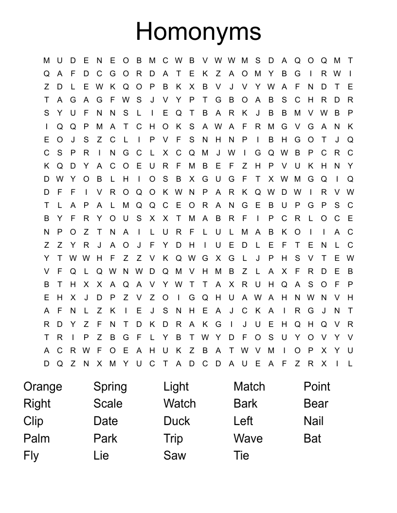 Homonyms Word Search