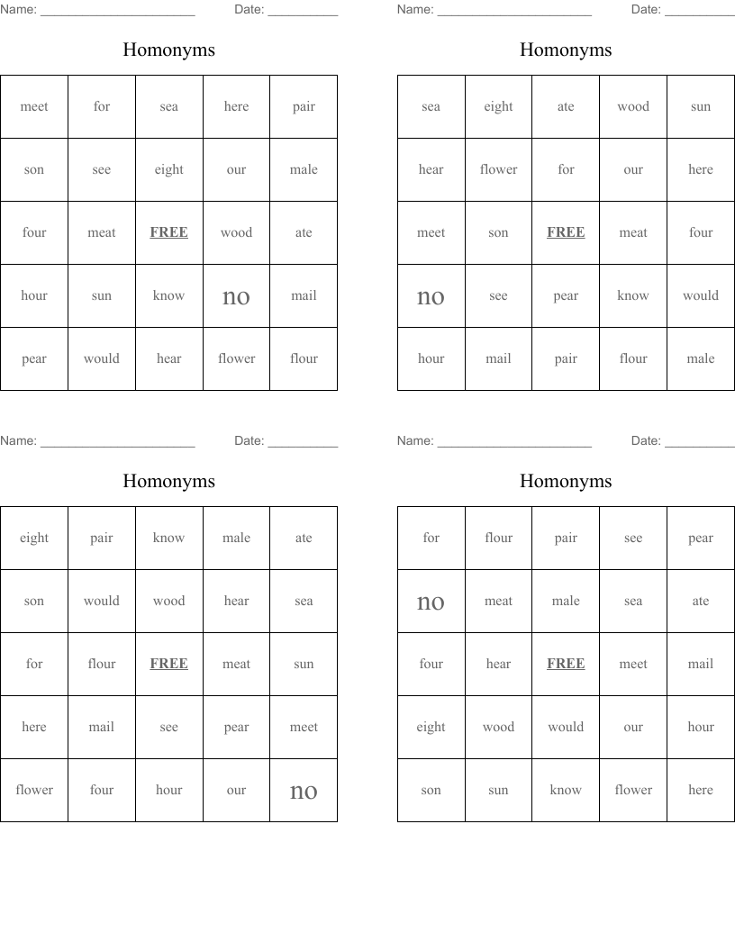 Homonyms Bingo Cards