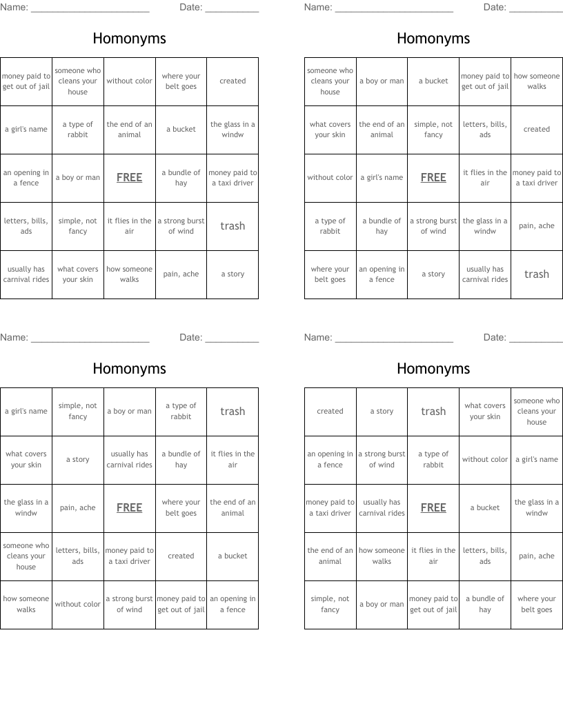 Homonyms Bingo Cards