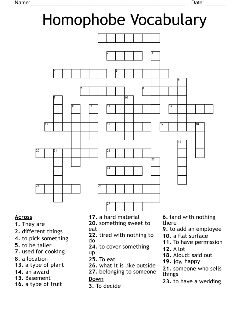 Homophobe Vocabulary Crossword