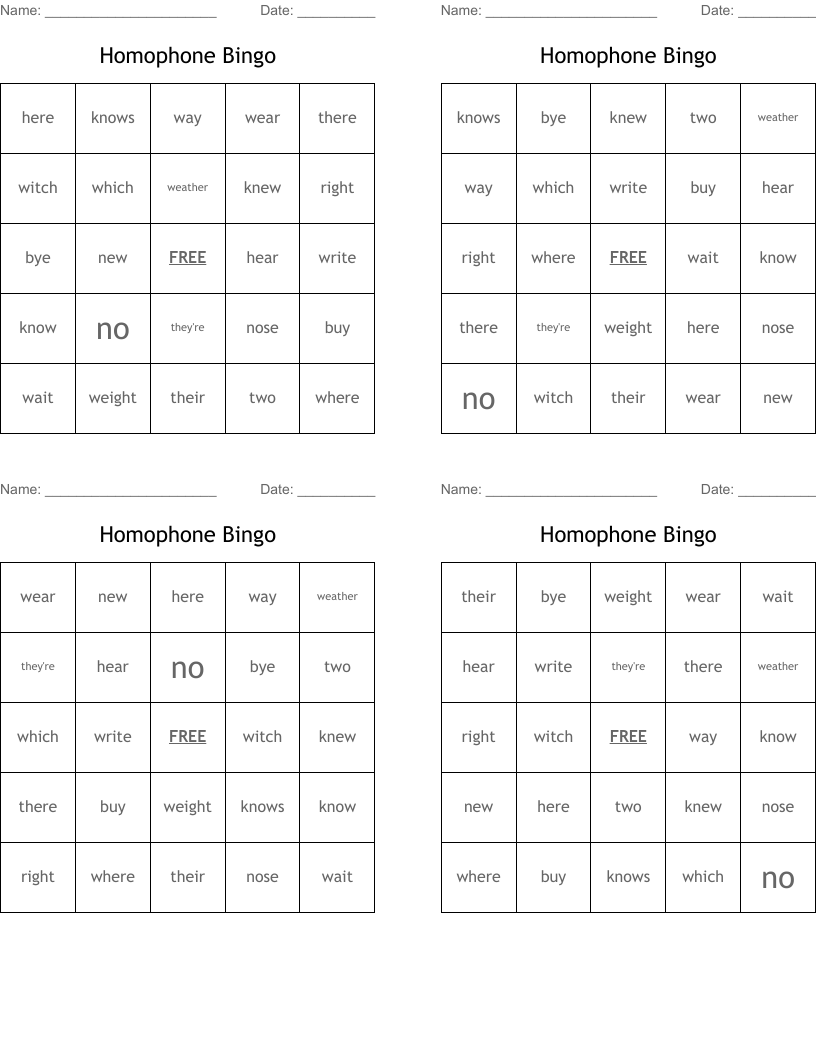 Homophone Bingo