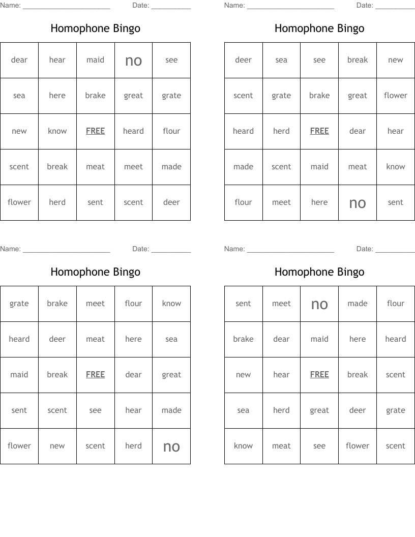 Homophone Bingo