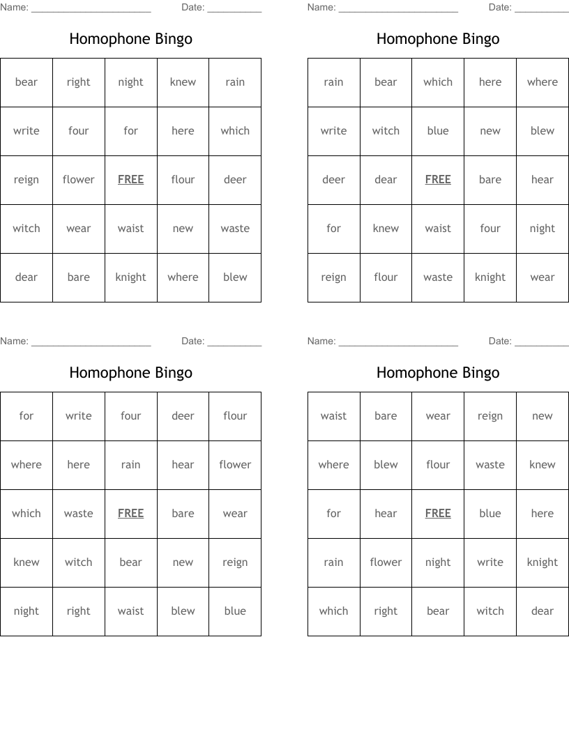 Homophone Bingo