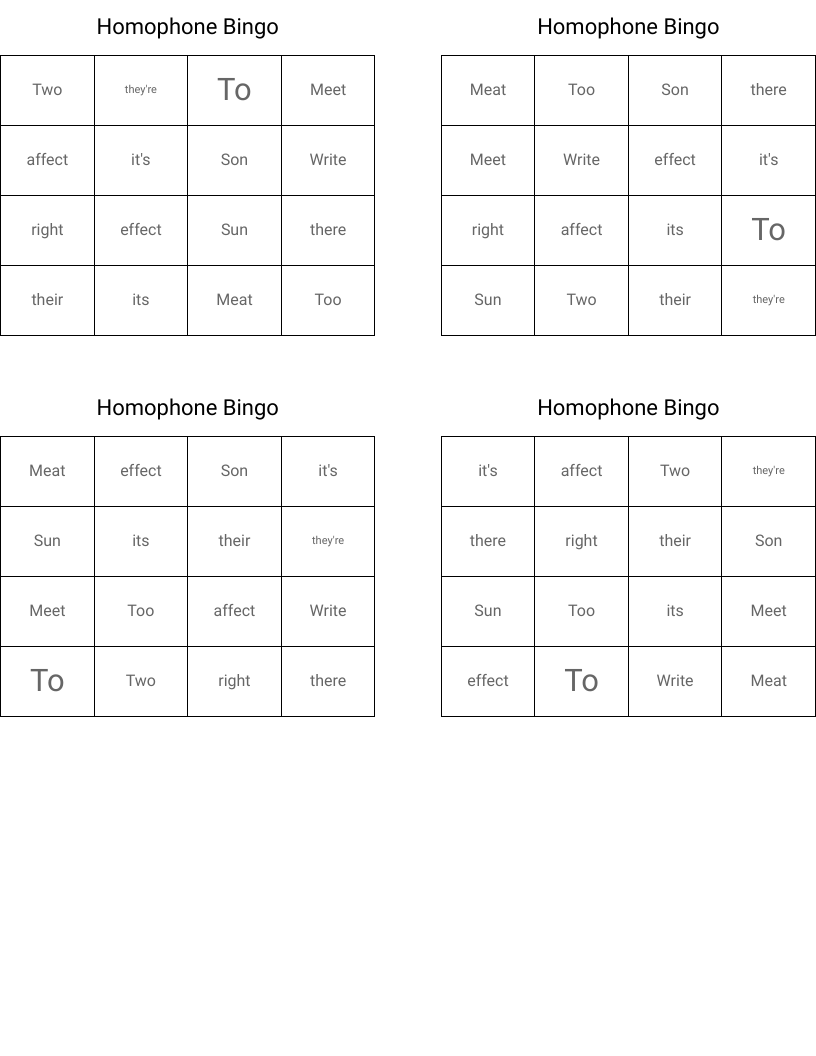 Homophone Bingo