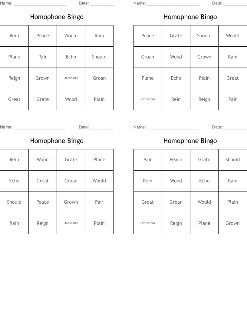 Homophone Bingo