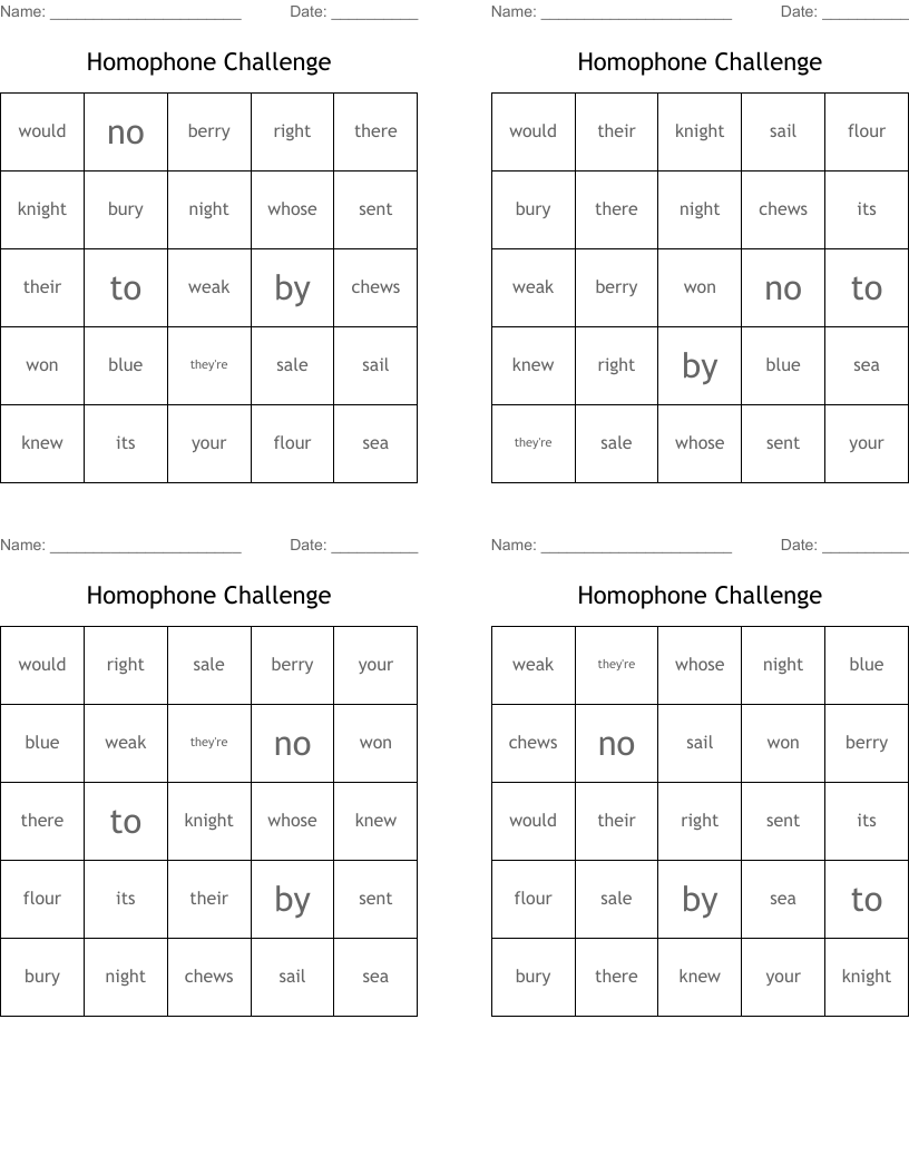 Homophone Challenge Bingo Cards