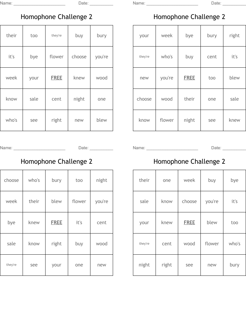 Homophone Challenge 2 Bingo Cards