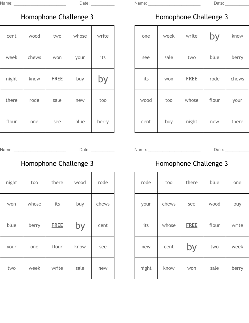 Homophone Challenge 3 Bingo Cards