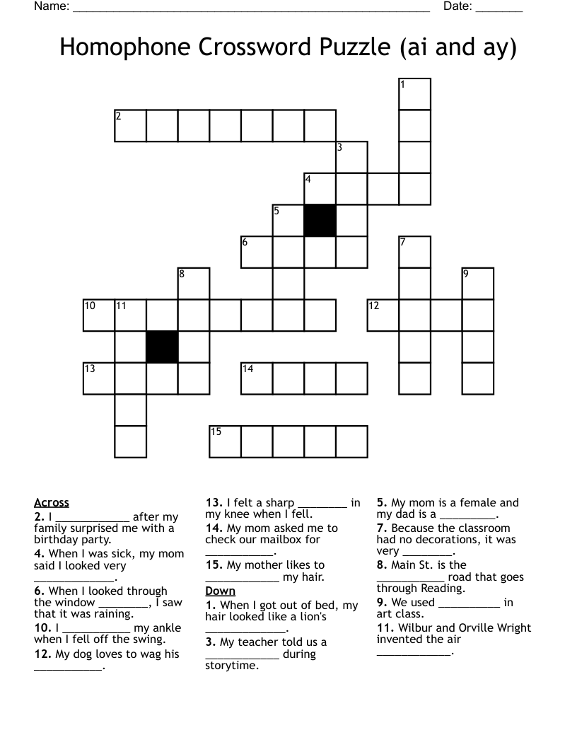 Homophone Crossword Puzzle (ai and ay)