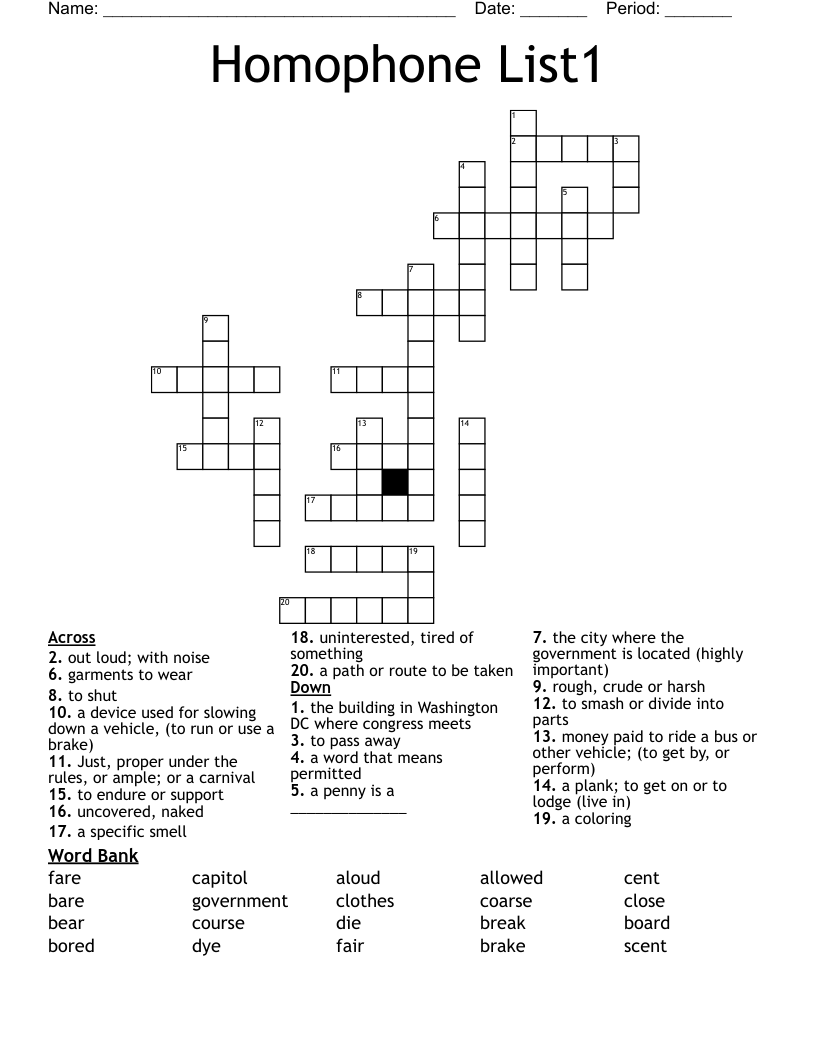Homophone List1 Crossword