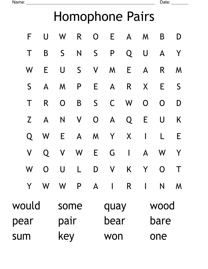 Homophone Pairs Word Search