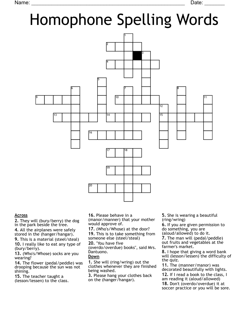 Homophone Spelling Words Crossword