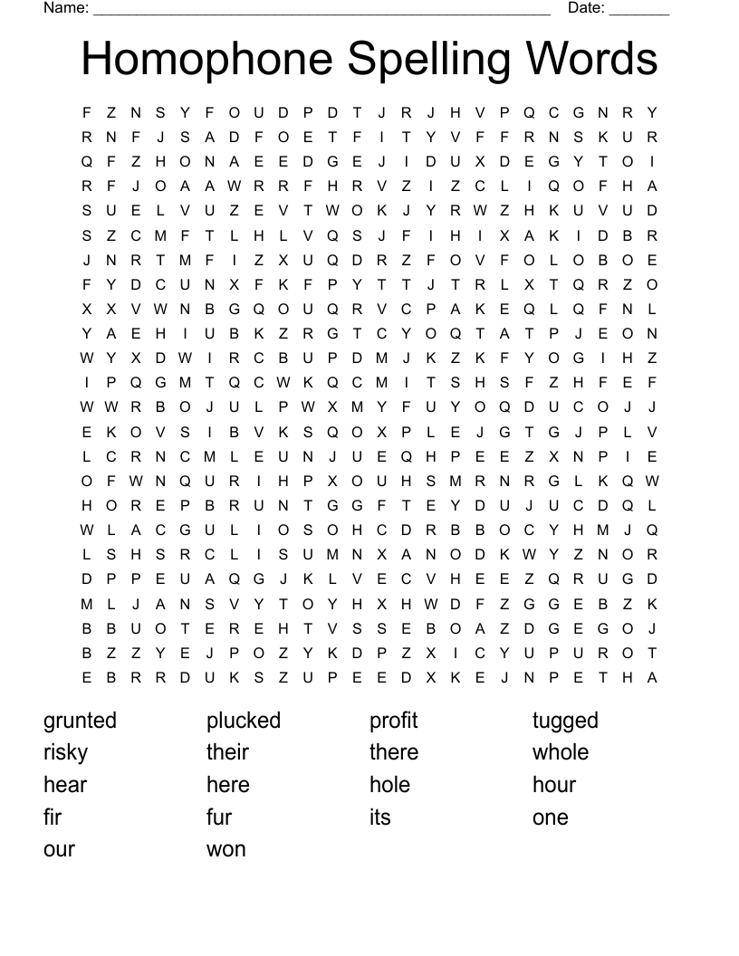 Homophone Spelling Words Word Search
