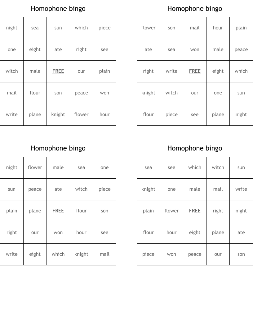 Homophone bingo