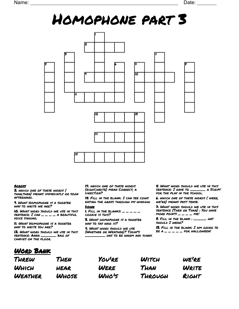 Homophone part 3 Crossword