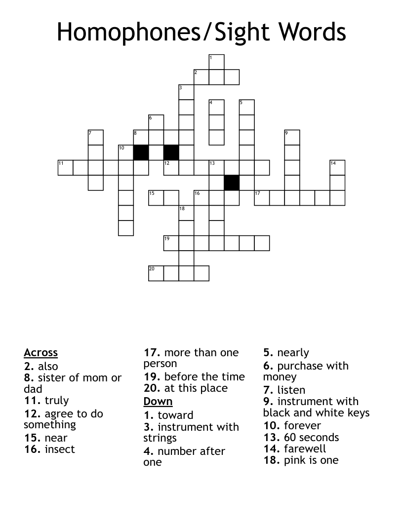 Homophones/Sight Words Crossword