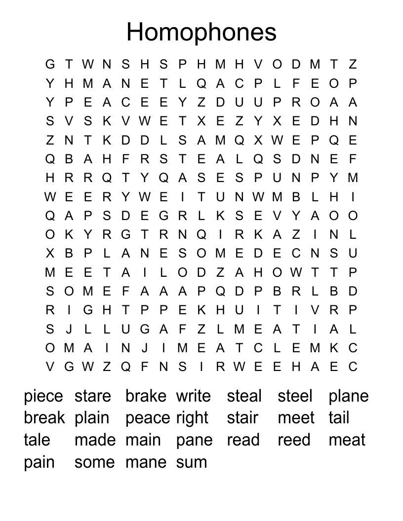 Homophones Word Search