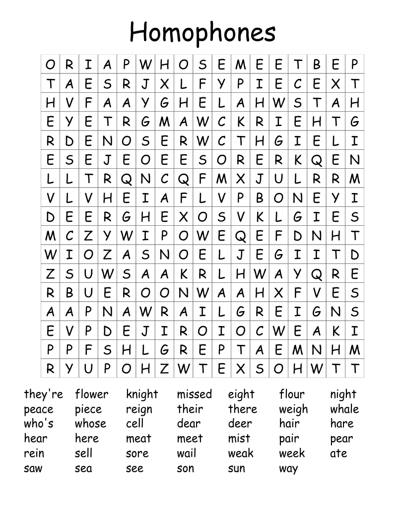 Homophones Word Search