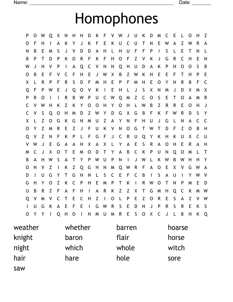 Homophones Word Search