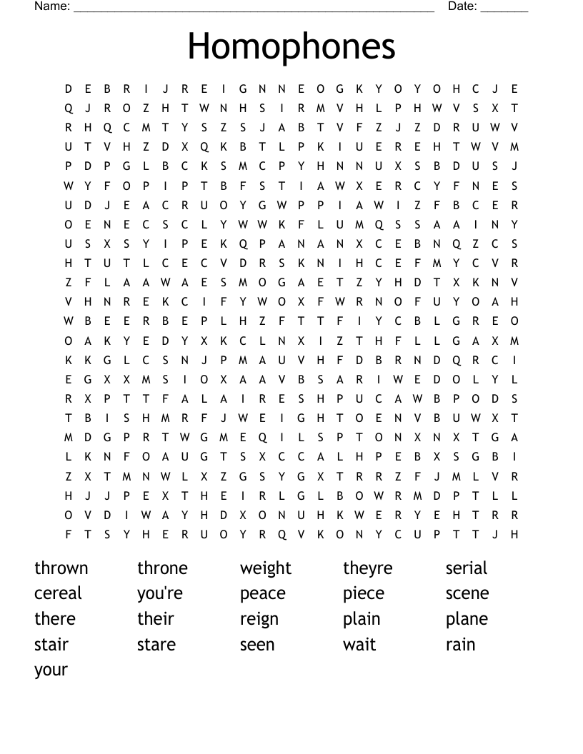 Homophones Word Search