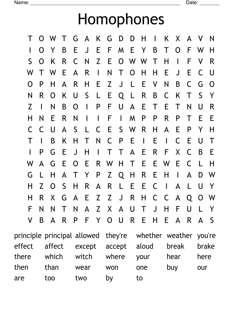 Homophones Word Search