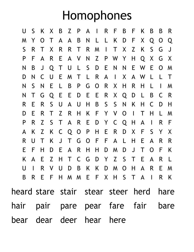 Homophones Word Search