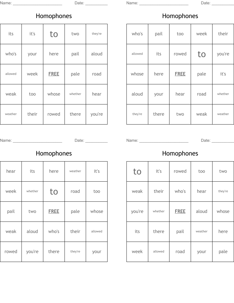 Homophones Bingo Cards