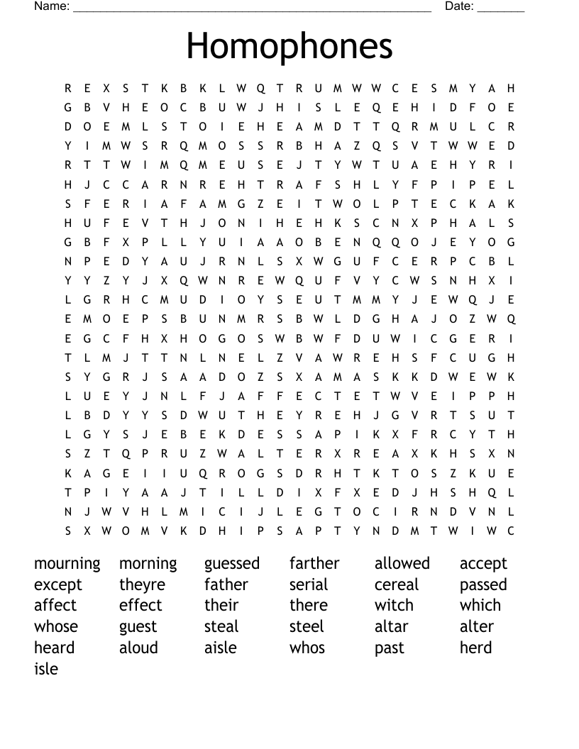 Homophones Word Search