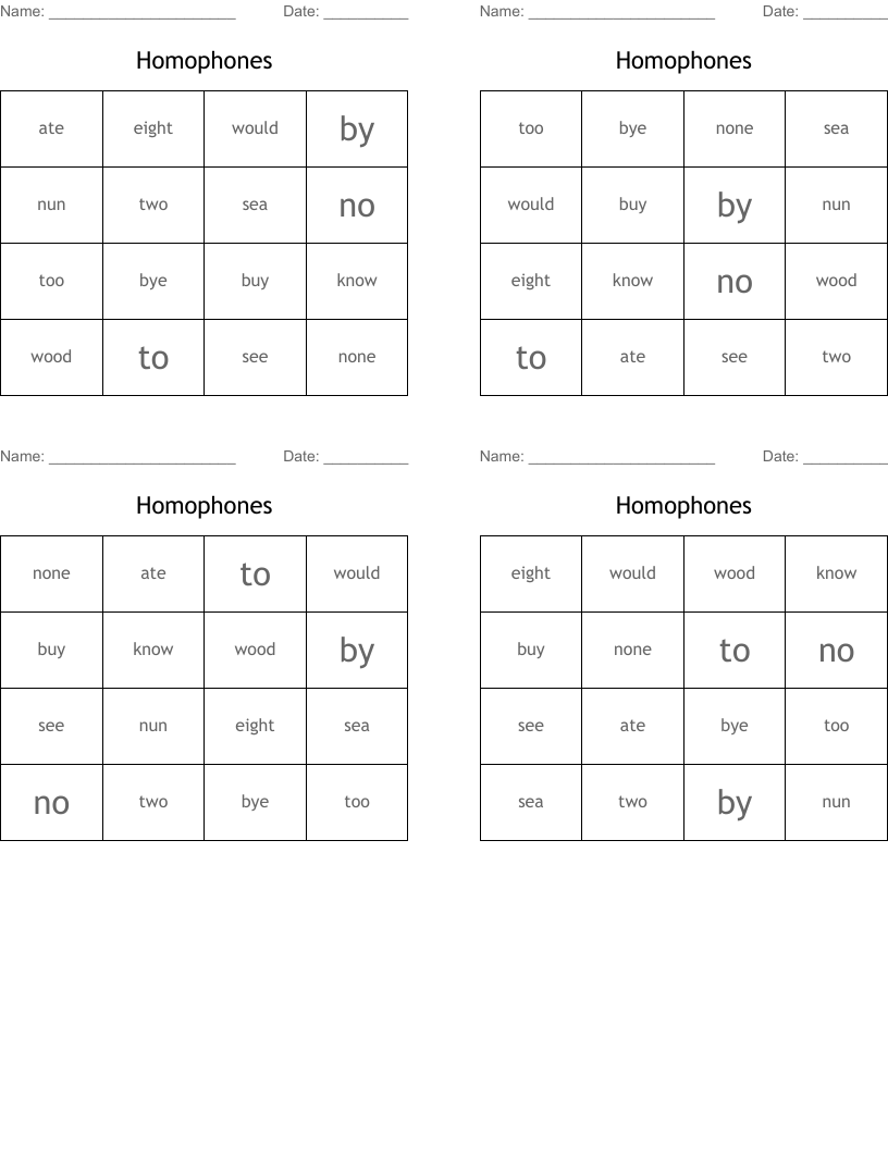 Homophones Bingo Cards