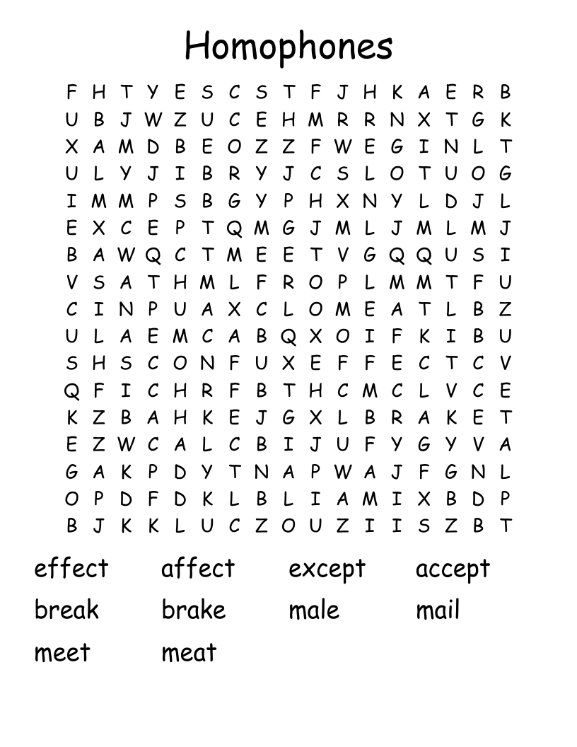 Homophones Word Search