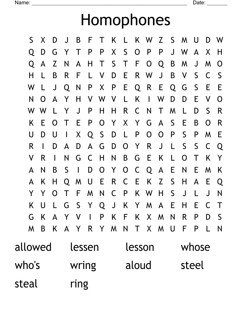 Homophones Word Search