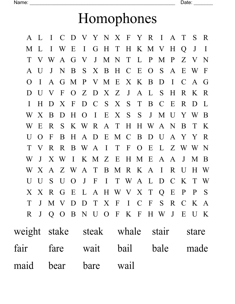 Homophones Word Search