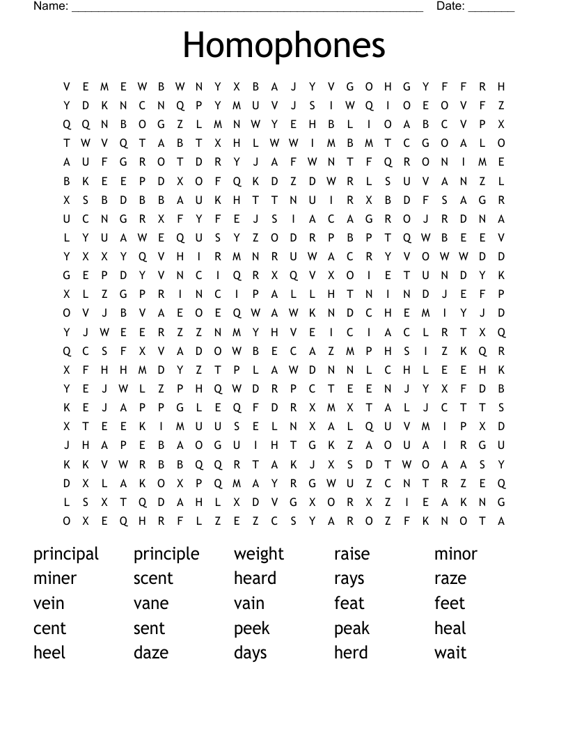Homophones Word Search