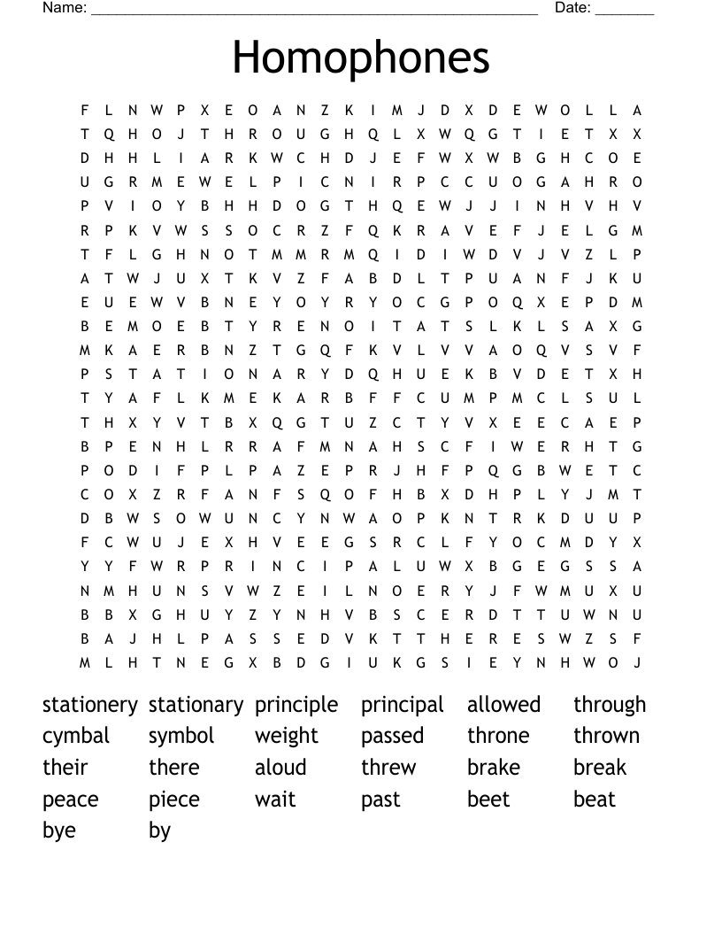 Homophones Word Search