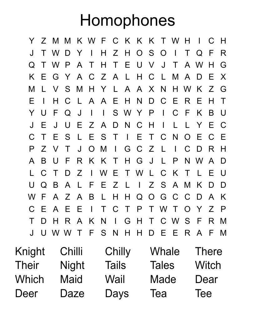 Homophones Word Search