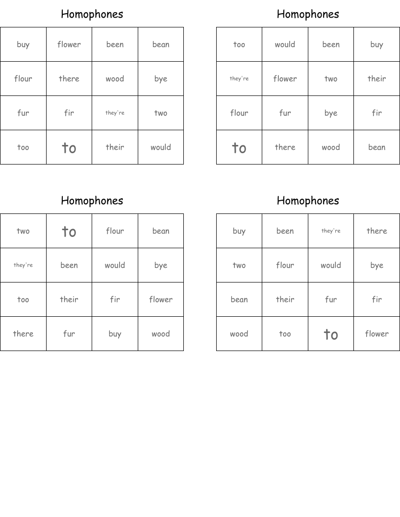 Homophones Bingo Cards