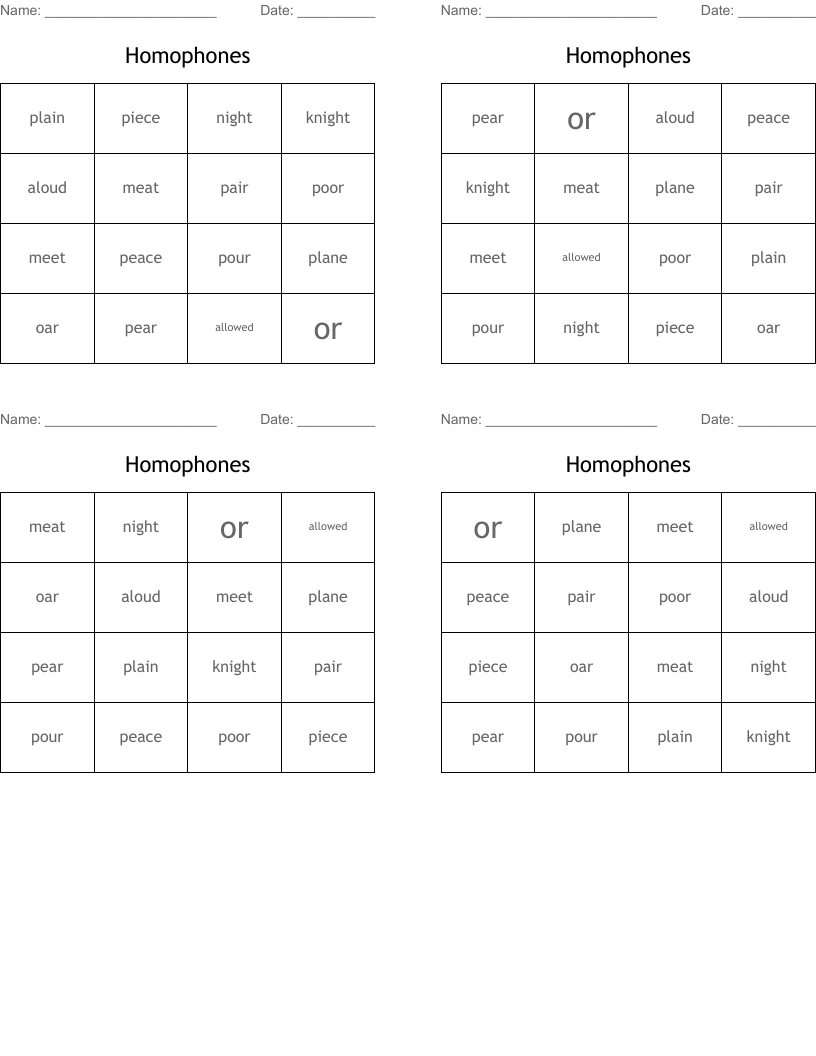 Homophones Bingo Cards