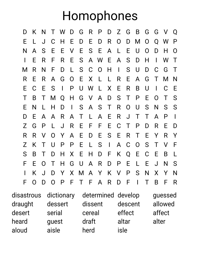 Homophones Word Search